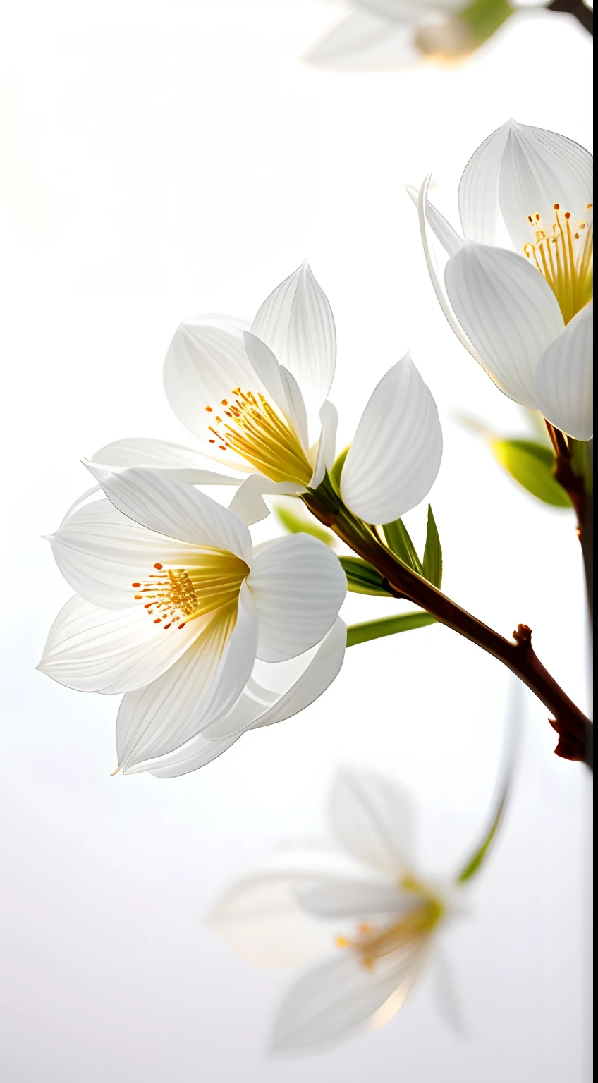 A bouquet of white plum blossoms, ultra-transparent, holy light, beautiful spectral light, dew on petals, twinkle, morning background, transparent droplets, reflected light, bright, light flowing inward, optical, portrait silhouette, sharp focus, magical, intricate, surrealism, fantasy, composition, light, art station trend, pearl, silver patronus cloud pair, caustic surround ray family 16k, ureal ar 23v4 uplight