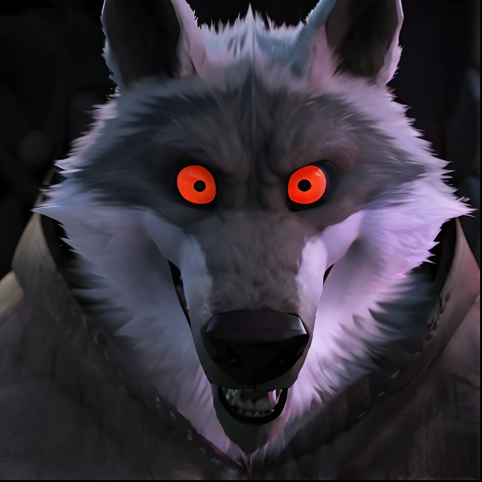 Death wolf he is very angry and without patience his eyes are red and very bright he is looking at the viewer making a very scary smile ultra HD 16K