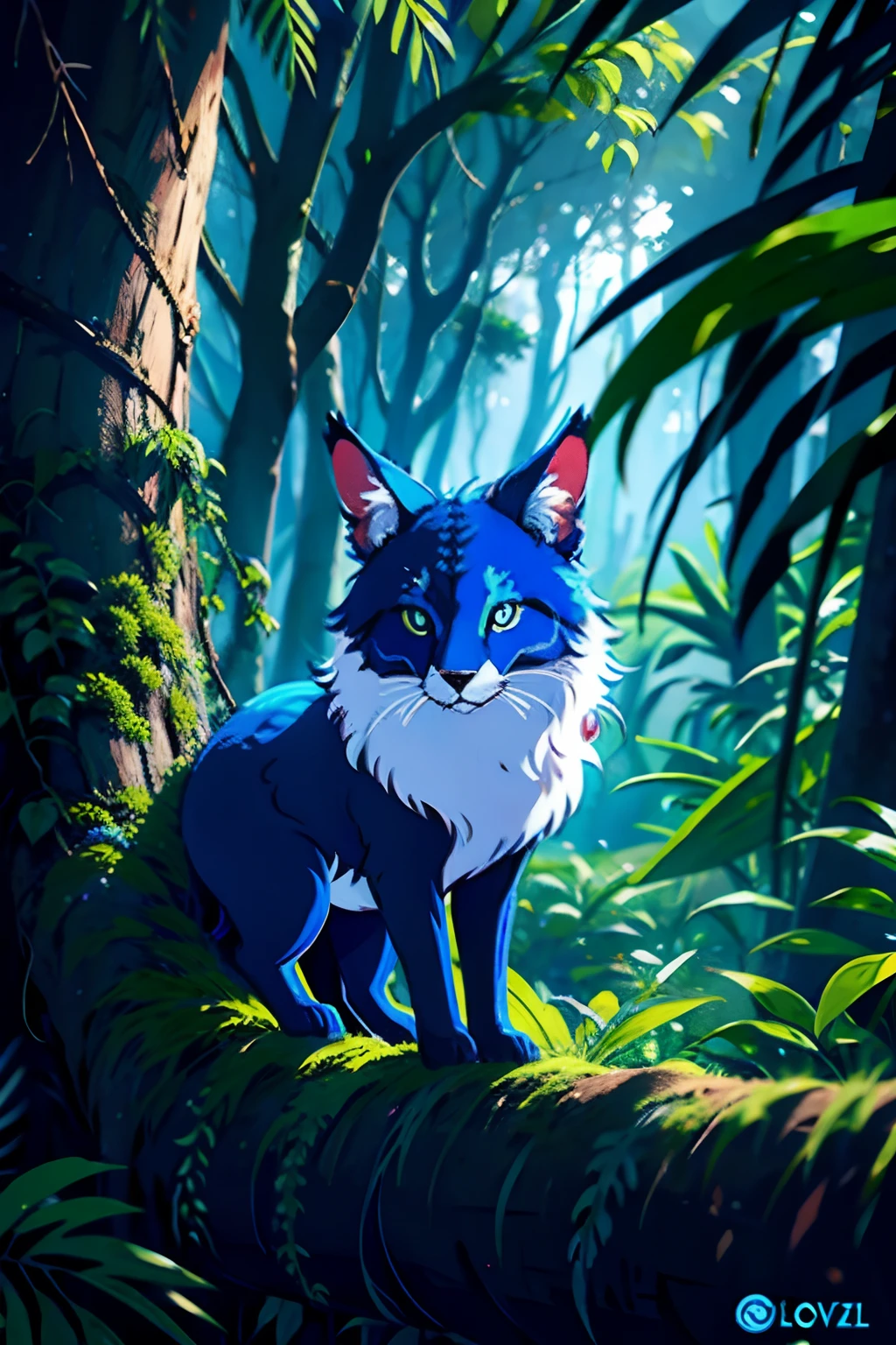 Raposa azul na floresta com arvores, cogumelos