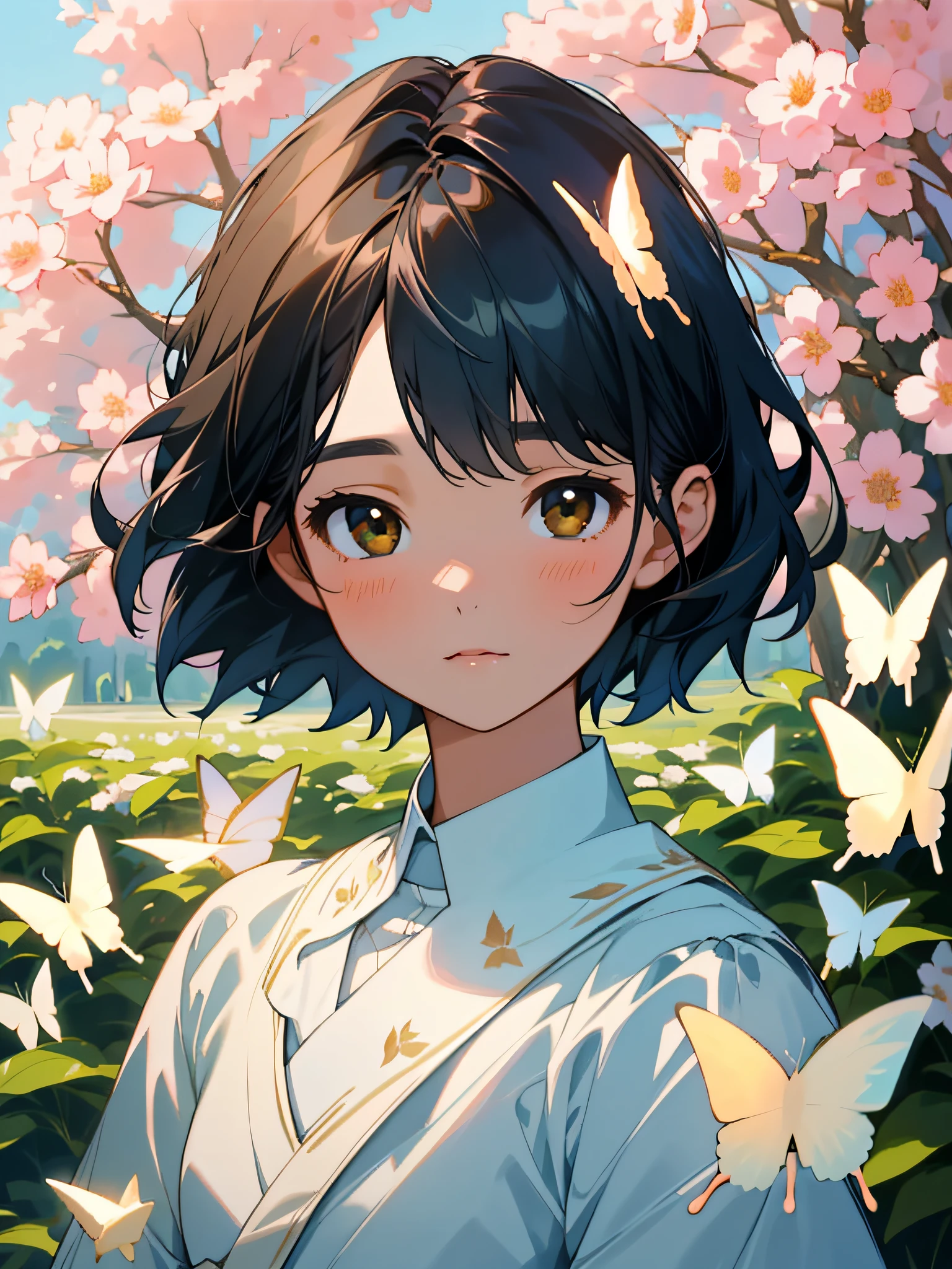 A beautiful and delicate girl with Kai's beloved portrait, Short hair like a boy, Black hair, (Highest quality, Masterpiece, Super real), Soft and peaceful expression, The landscape in the background is a garden,Flowering bushes and butterflies fly around.
