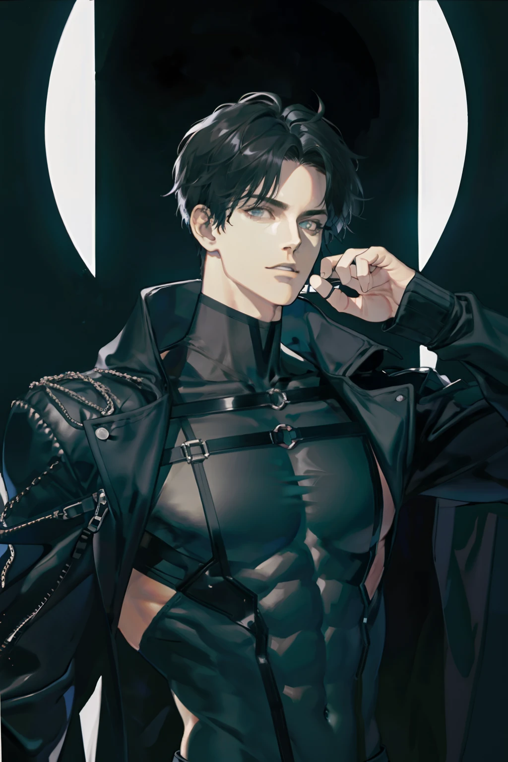 masterpiece, best quality, 1 male, adult, mature, tall muscular guy, Dark theme, (upper body)