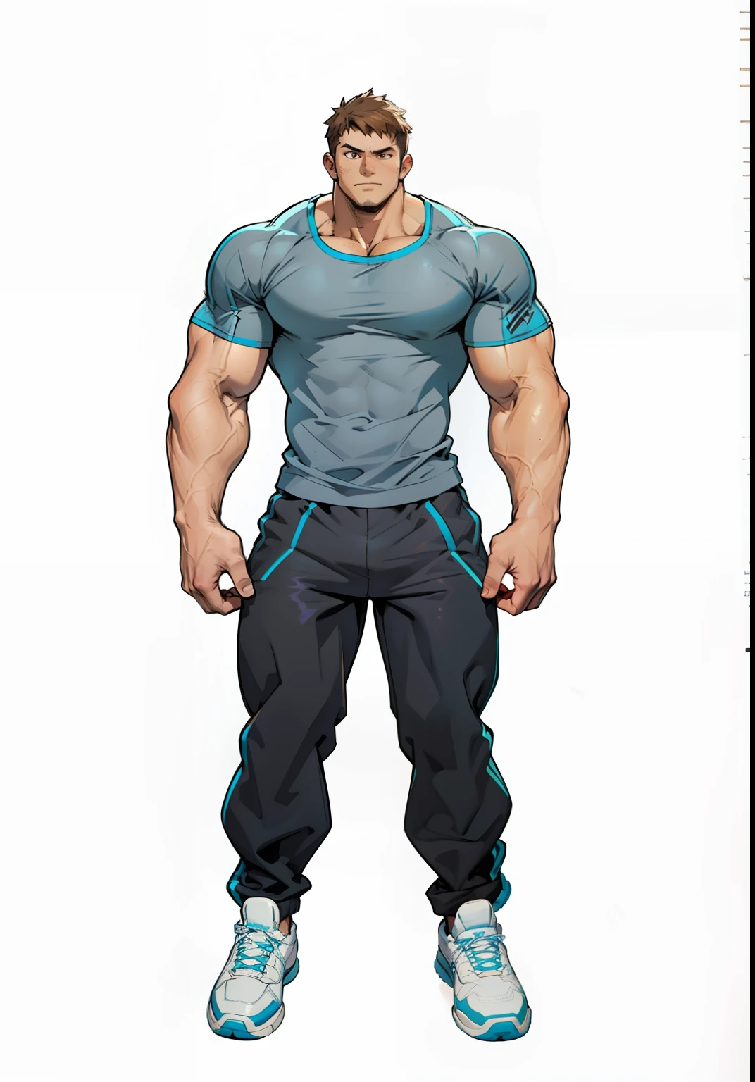 Generate anime art of a strong muscular boy with light brown hair, T-shirt and blue pants and wearing a white tennis, He is very strong and protagonist, a imagem deve gerar em 3d