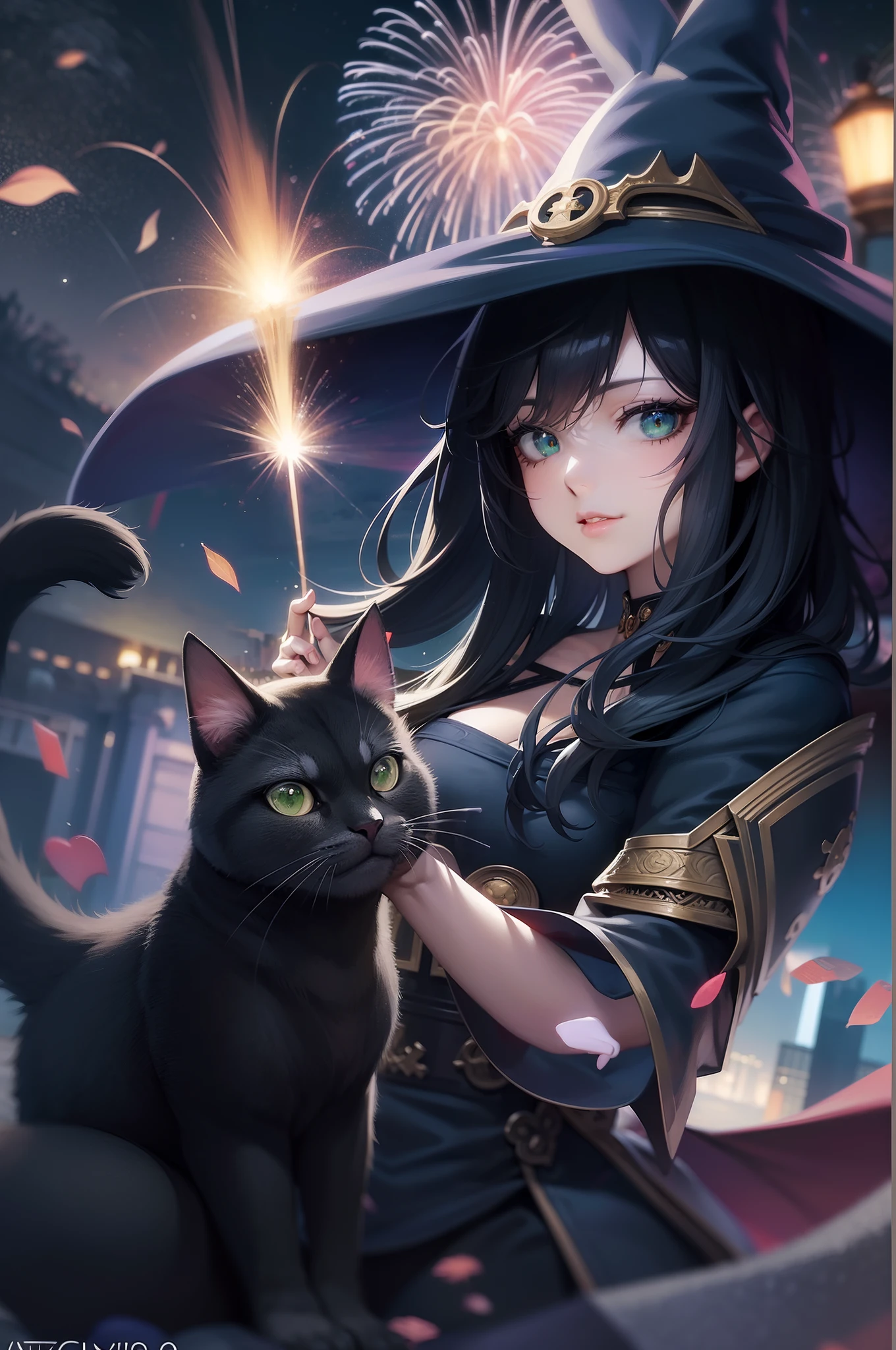 Witch with cat and fireworks in the background, black - haired mage, Seductive Anime Girl, Green eyes, flirty anime witch casting magic, ArtGerm. Anime Illustration, very detailed Artgerm, pretty sorceress, range murata and artgerm, beautiful alluring anime woman, beautiful sorceress, ArtGerm on ArtStation Pixiv