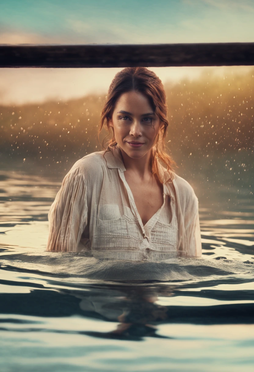 Cinematic still, romantic,
eye-level shot, woman, smiling, laid down in the water,
warm color pallete --ar 16:9