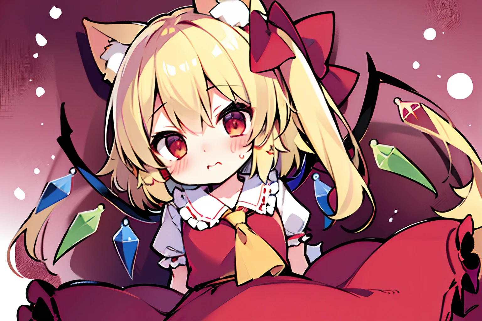 (Flandre Scarlet)、Petite、blushed face、shortsleeves、One girl、(Feline ears)