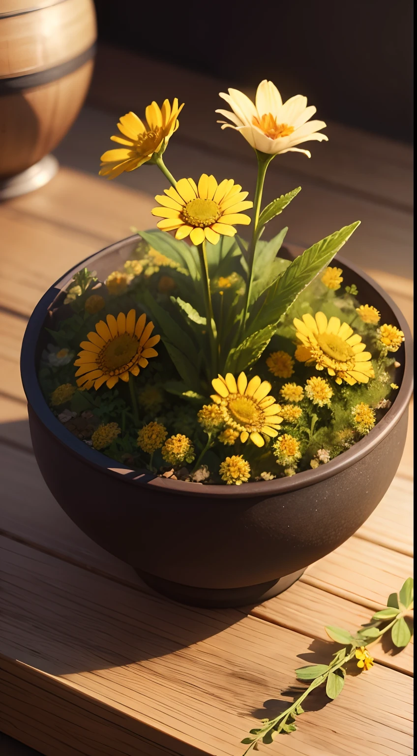 flower, camomile, plant, Medicinal herb, Nature, rendering, Photorealistic, Ultra HD, 4K, Detailed textures, Detailed colors, Realistic shadows, Detailed shadows, Detailed textures, Sunset,