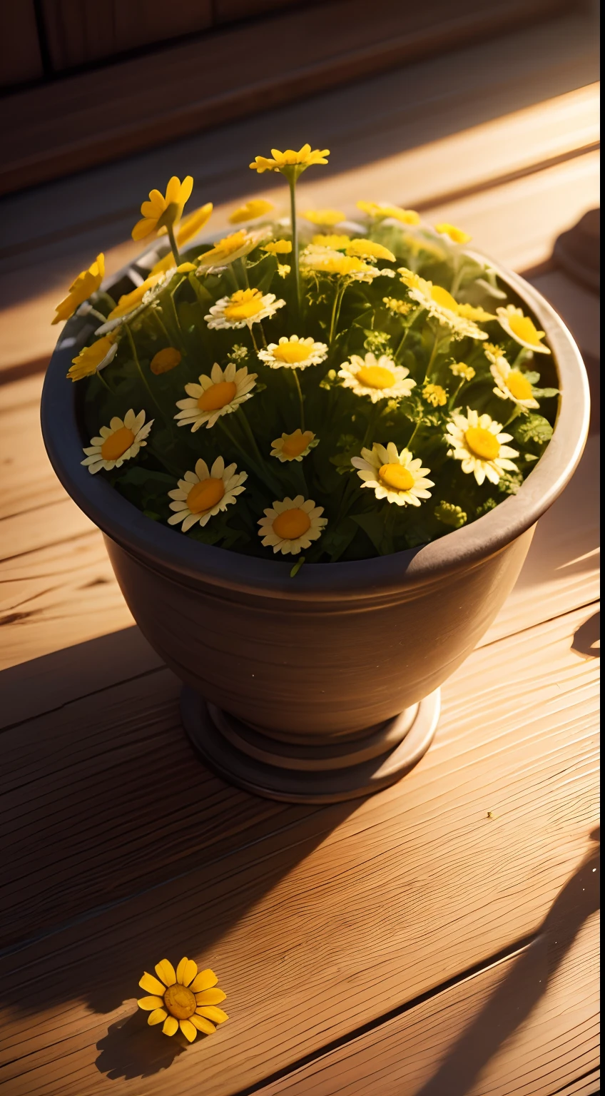 flower, camomile, plant, Medicinal herb, Nature, rendering, Photorealistic, Ultra HD, 4K, Detailed textures, Detailed colors, Realistic shadows, Detailed shadows, Detailed textures, Sunset,