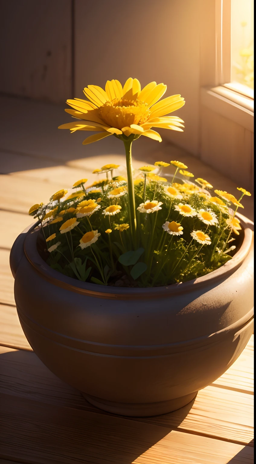 flower, camomile, plant, Medicinal herb, Nature, rendering, Photorealistic, Ultra HD, 4K, Detailed textures, Detailed colors, Realistic shadows, Detailed shadows, Detailed textures, Sunset,