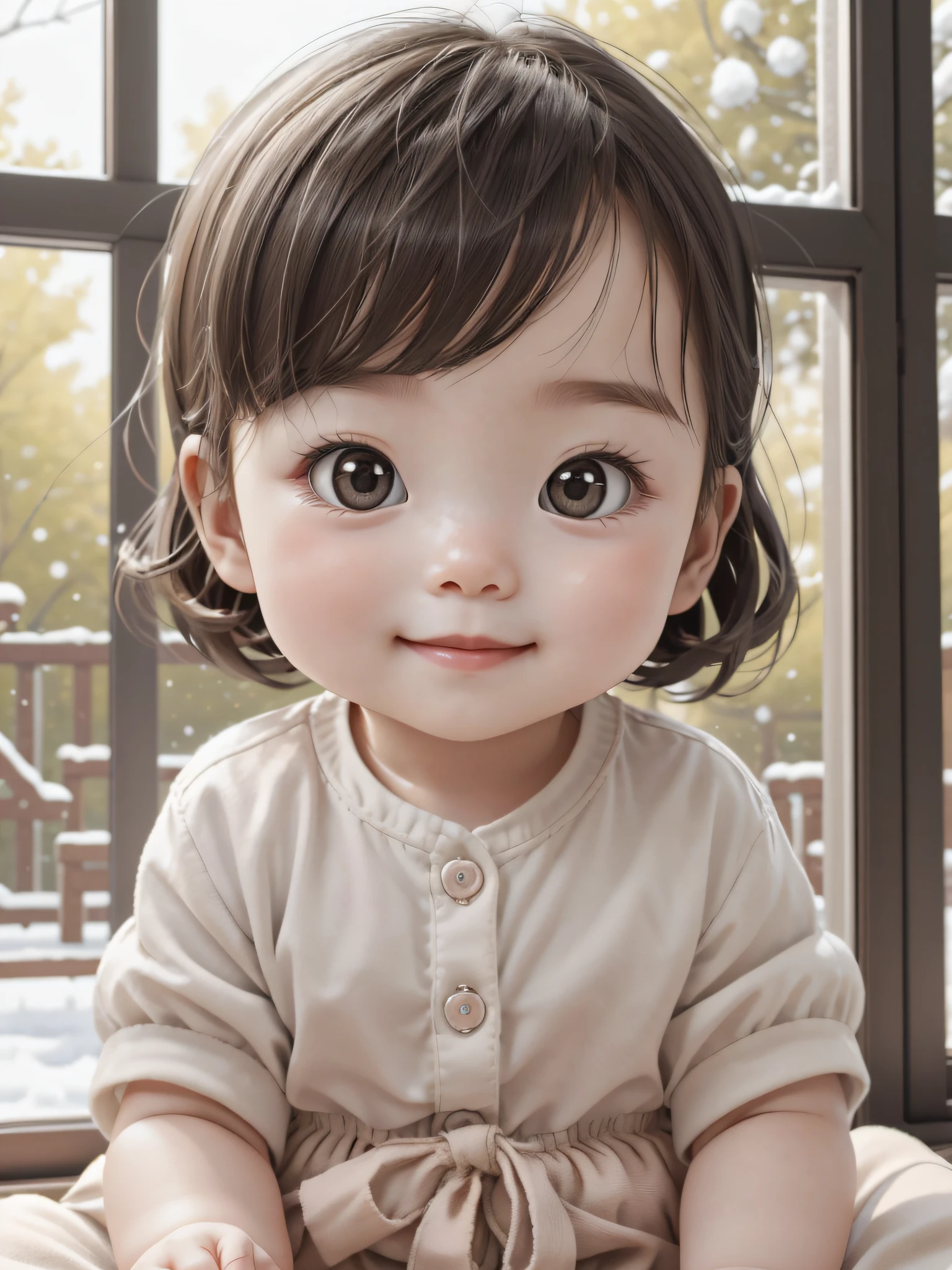 Best quality at best，1girll， a ， ssmile， adolable， C4D，This cute baby faceon a young girl。Her face is petite and delicate，It reveals an atmosphere of youth and innocence。Her complexion was as white as snow，It appears pure and transparent in sunlight。