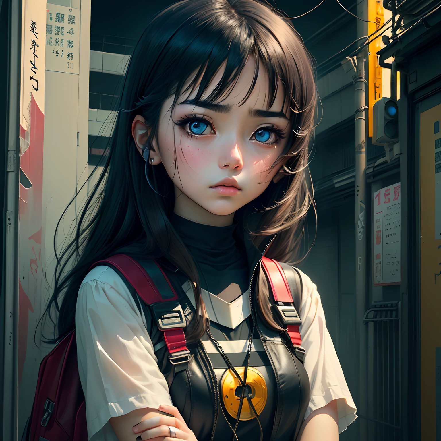Cyborg Girl Aesthetic Anime Sad Girl of Japan, Black background, Facing Camera, Sad atmosphere, Hi-Tech,