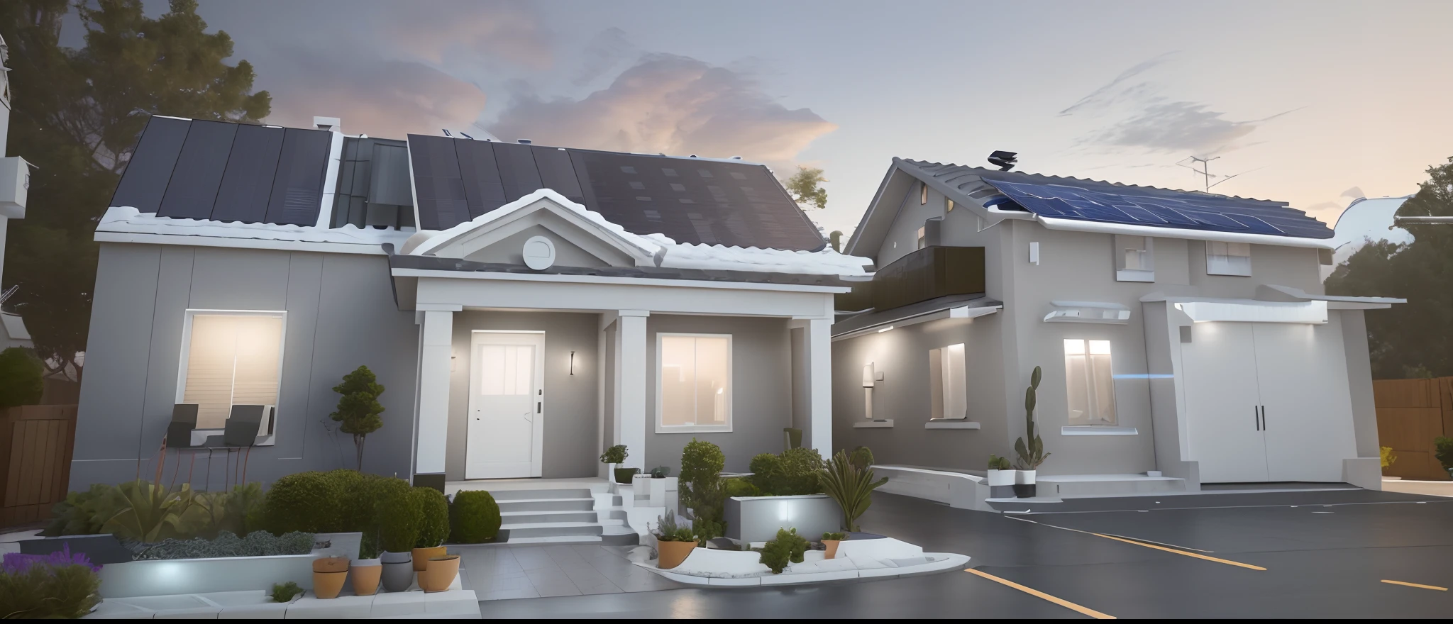 there is a house with a solar panel on the roof, semi - realistic render, realistic 3 d style, stylized 3d render, realistic establishing shot, photorealistic style, 3 d render stylized, a photorealistic rendering, animation style render, realistic scene, stylized as a 3d render, realistic render, with photorealistic lighting, final render, finalrender
