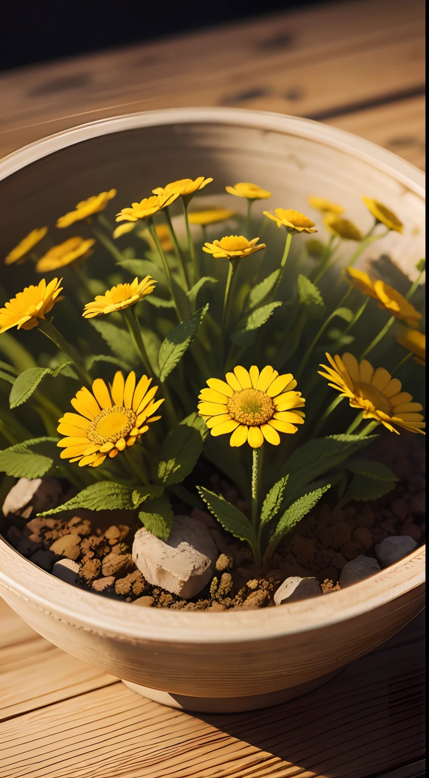 flower, camomile, plant, Medicinal herb, Nature, rendering, Photorealistic, Ultra HD, 4K, Detailed textures, Detailed colors, Realistic shadows, Detailed shadows, Detailed textures, Sunset,