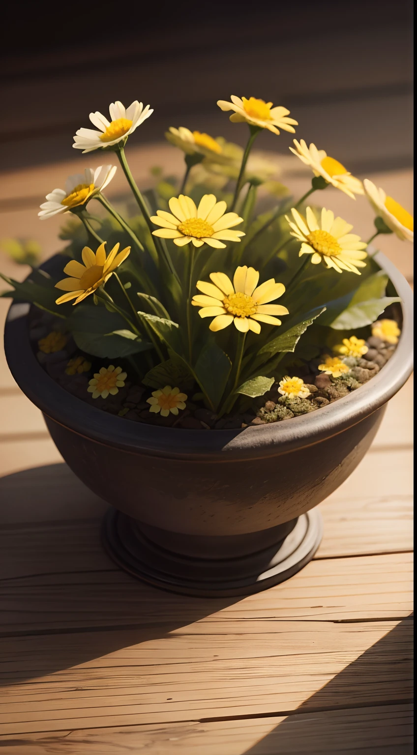 flower, camomile, plant, Medicinal herb, Nature, rendering, Photorealistic, Ultra HD, 4K, Detailed textures, Detailed colors, Realistic shadows, Detailed shadows, Detailed textures, Sunset,