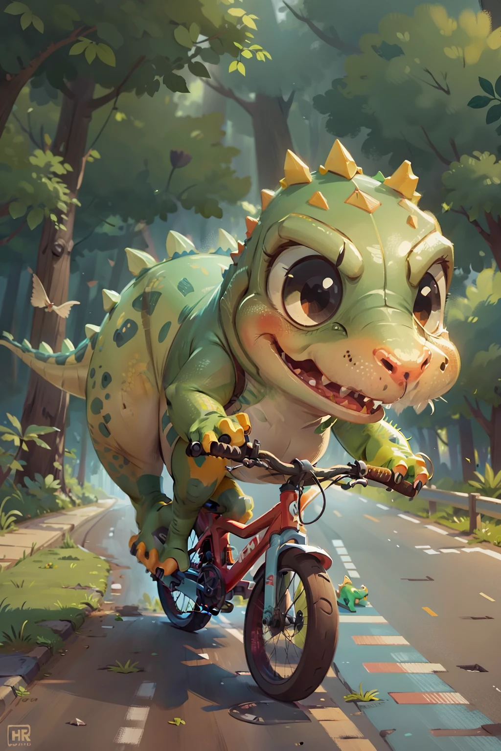 A cute little dinosaur riding a road bike in Highway Hill,There is a sense of competition,Complete details,Cute expressions,2D,8K