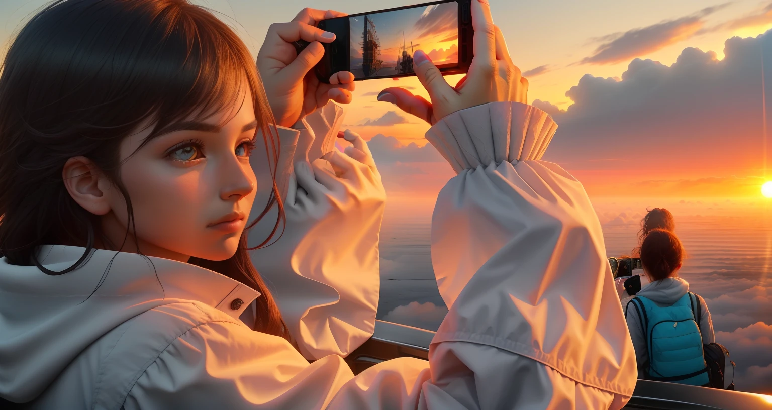 Side face photo of girl,Girl taking pictures,beuaty girl,Delicate facial contouring,The photo is a sunrise over a sea of clouds, Sea of clouds background,during sunrise, photographed, photo from a spectator, behind the scenes photo, late sunset, 8k selfie photograph, smartphone footage, close up photograph, accidentally taking a selfie, Photos taken from a sea of clouds, Ultra-high quality photos, very accurate photo,Hand details,delete extra hand,Facial detail restoration,Reshape your hand