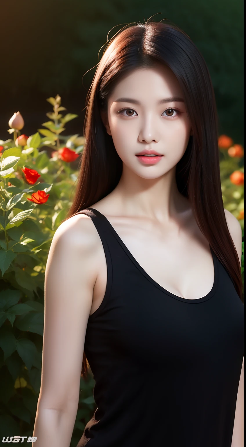 realistic photos of 1 cute Korean star, straight hair, white skin, thin makeup, 32 inch breasts size, wearing black and red tank top, standing in rose garden, close-up, Luminism, dithering, UHD