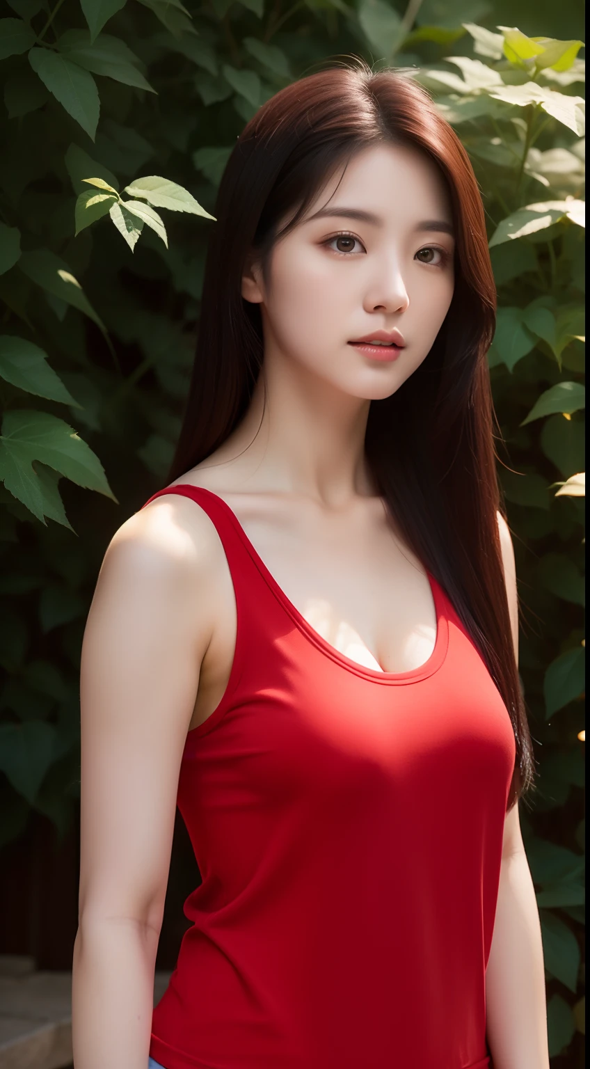 realistic photos of 1 cute Korean star, straight hair, white skin, thin makeup, 32 inch breasts size, wearing black and red tank top, standing in rose garden, close-up, Luminism, dithering, UHD
