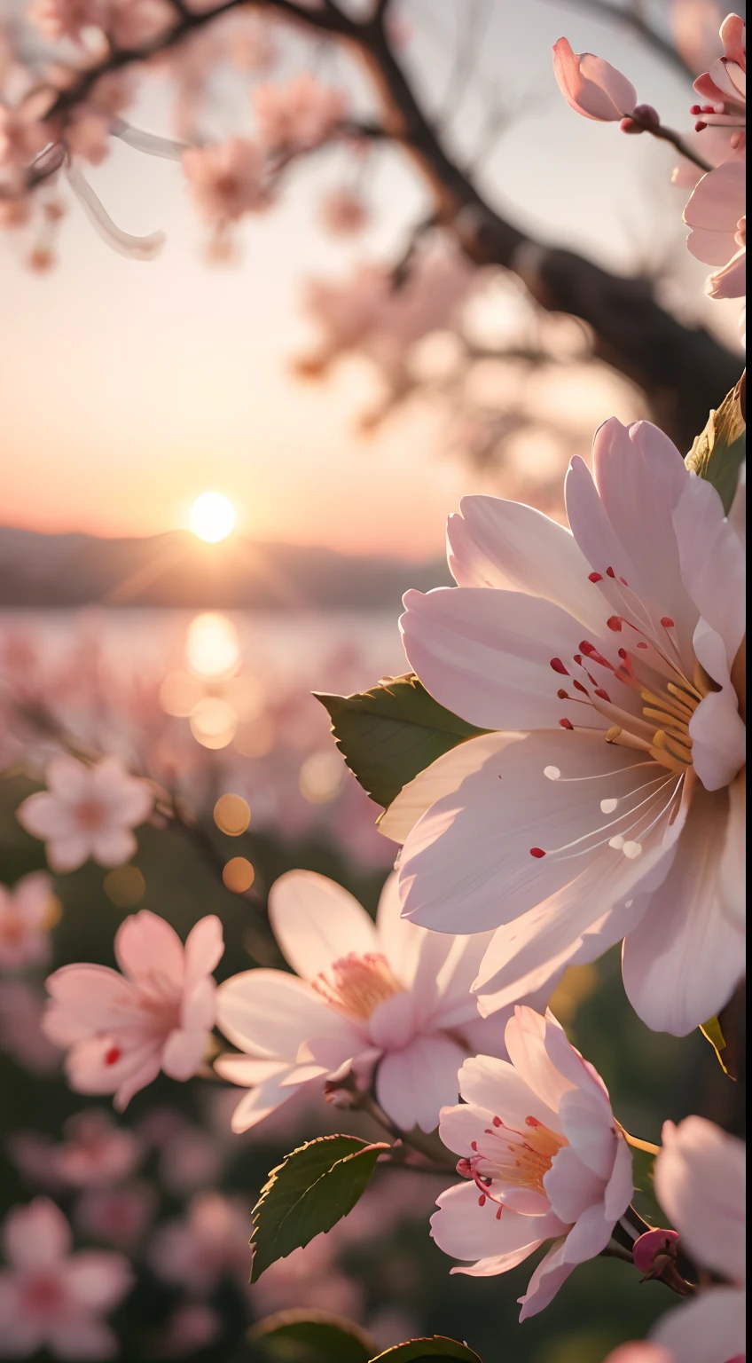 Creates a high-resolution image of a cherry blossom on a beautiful sunset afternoon, close up, ultra detailed, 8K, Sunshine Lights