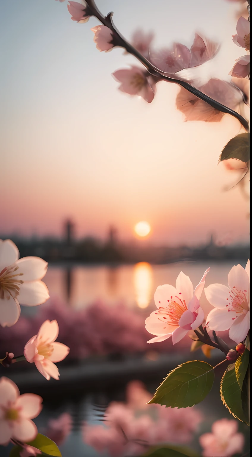 Creates a high-resolution image of a cherry blossom on a beautiful sunset afternoon, close up, ultra detailed, 8K, Sunshine Lights