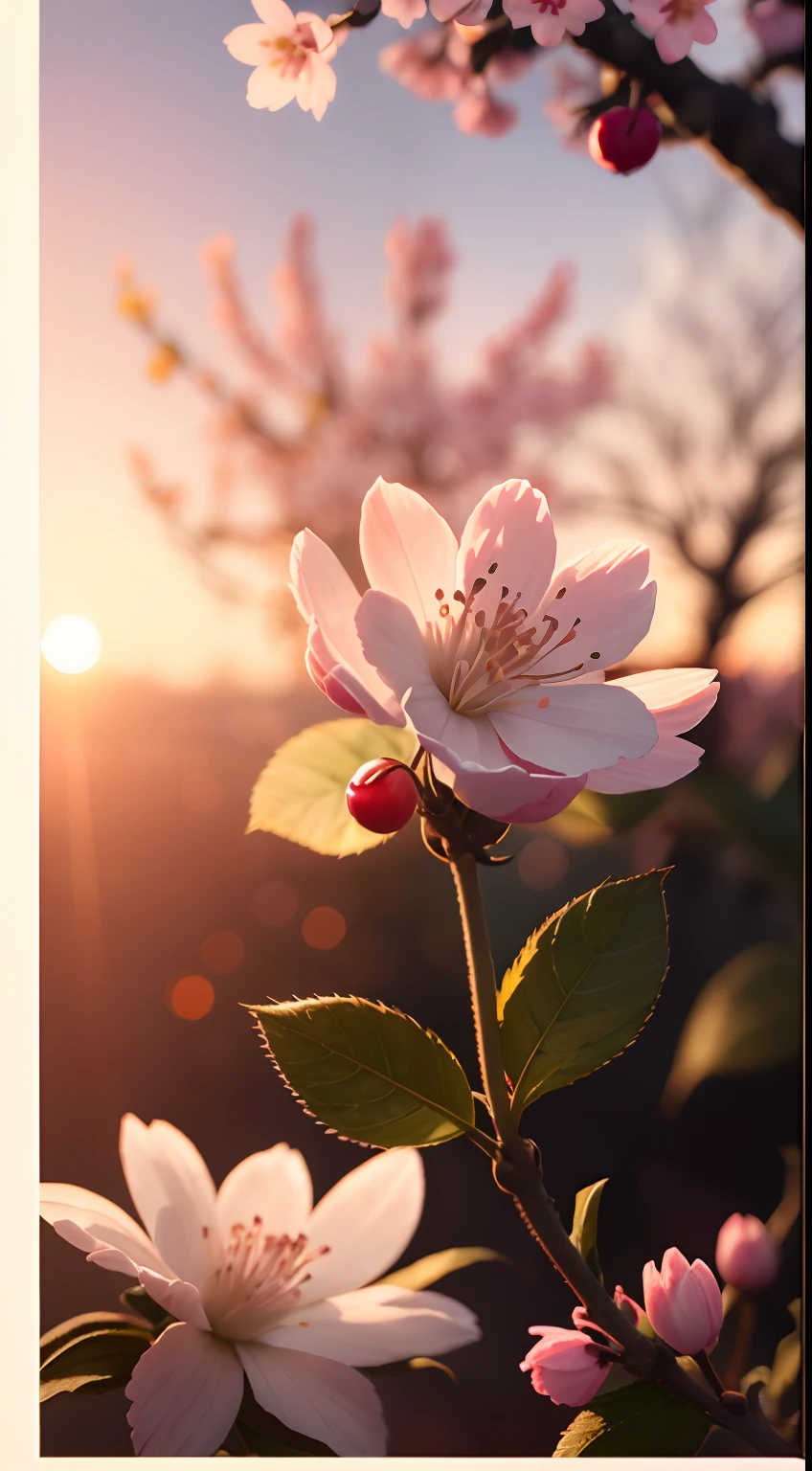 Creates a high-resolution image of a cherry blossom on a beautiful sunset afternoon, close up, ultra detailed, 8K, Sunshine Lights