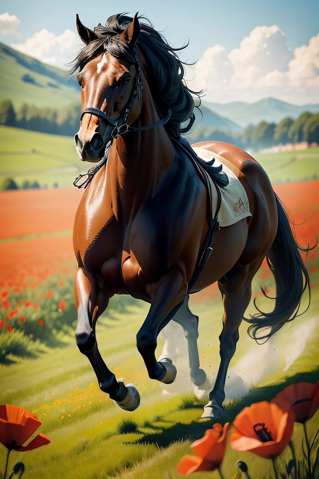 Beautiful horse running through the meadow, on which poppies bloom