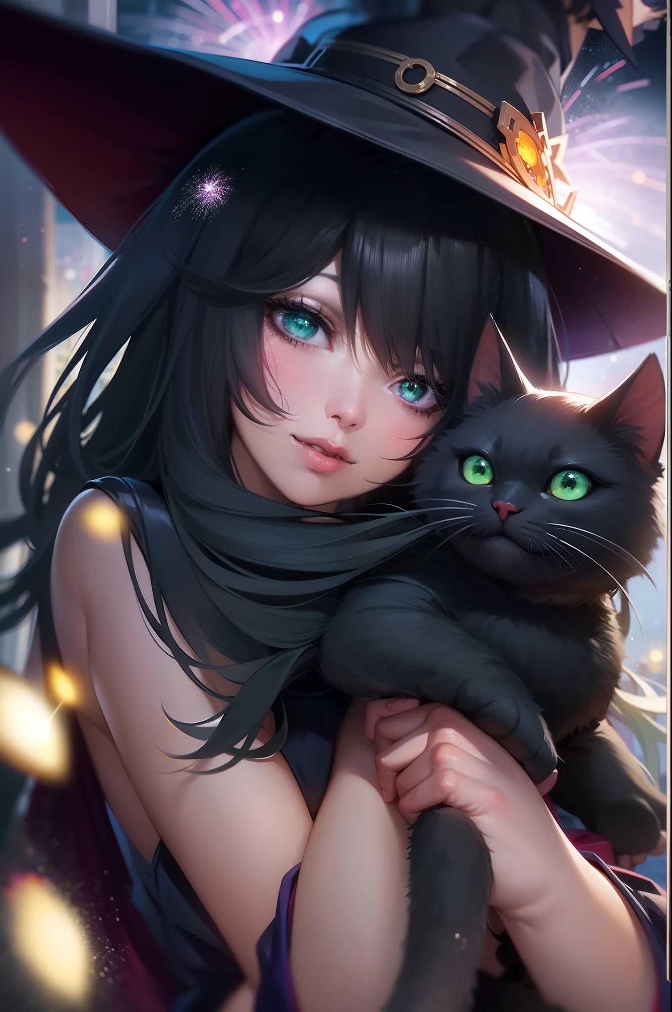 Witch with cat and fireworks in the background, black - haired mage, Seductive Anime Girl, Green eyes, flirty anime witch casting magic, ArtGerm. Anime Illustration, very detailed Artgerm, pretty sorceress, range murata and artgerm, beautiful alluring anime woman, beautiful sorceress, ArtGerm on ArtStation Pixiv