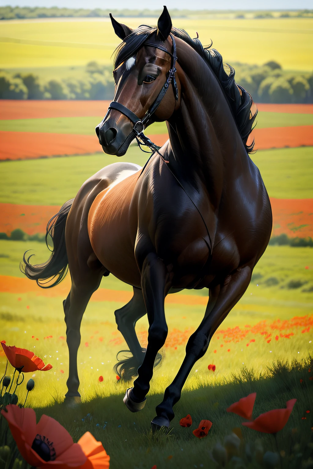 Beautiful horse running through the meadow, on which poppies bloom