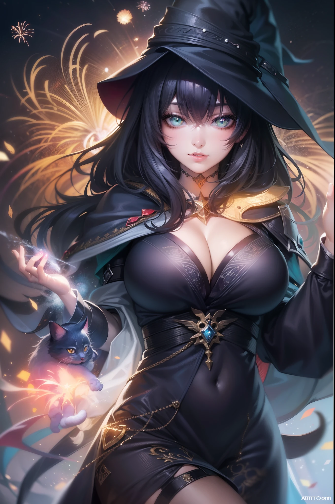 Witch with cat and fireworks in the background, black - haired mage, Seductive Anime Girl, Green eyes, flirty anime witch casting magic, ArtGerm. Anime Illustration, very detailed Artgerm, pretty sorceress, range murata and artgerm, beautiful alluring anime woman, beautiful sorceress, ArtGerm on ArtStation Pixiv