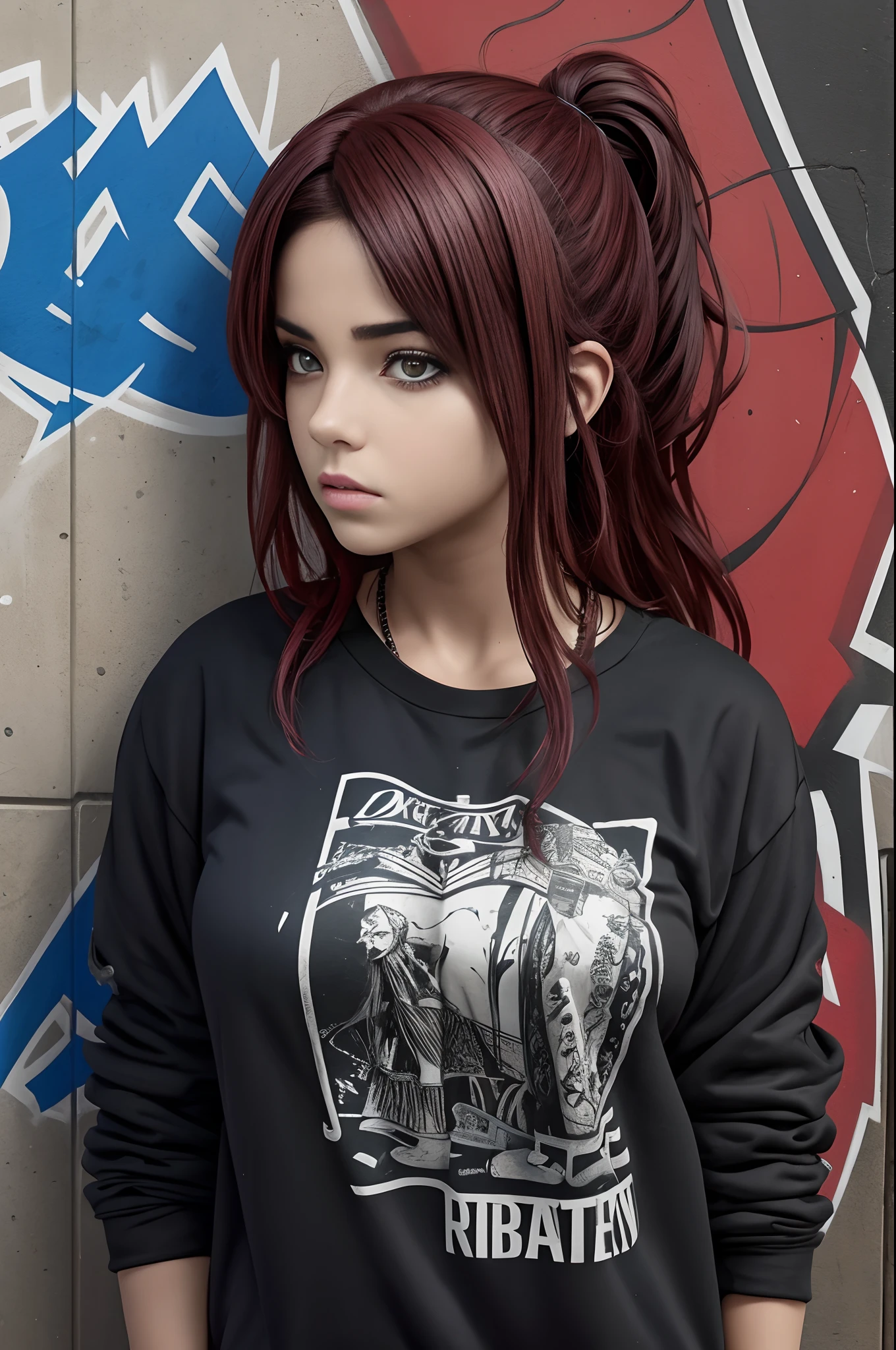 (La mejor calidad) (obra maestra ) estilo de dibujos animados. A beautiful young woman with an urban look of heavy-punk-metal-rap aesthetic, It seems to be of Spanish origin and has a lot of time, cabello rojo algo rizado. En una calle en un suburbio de una gran ciudad, There is a beat-up car behind to the woman's right and a wall with strange graffiti on her left.... Photoshop-fantasy