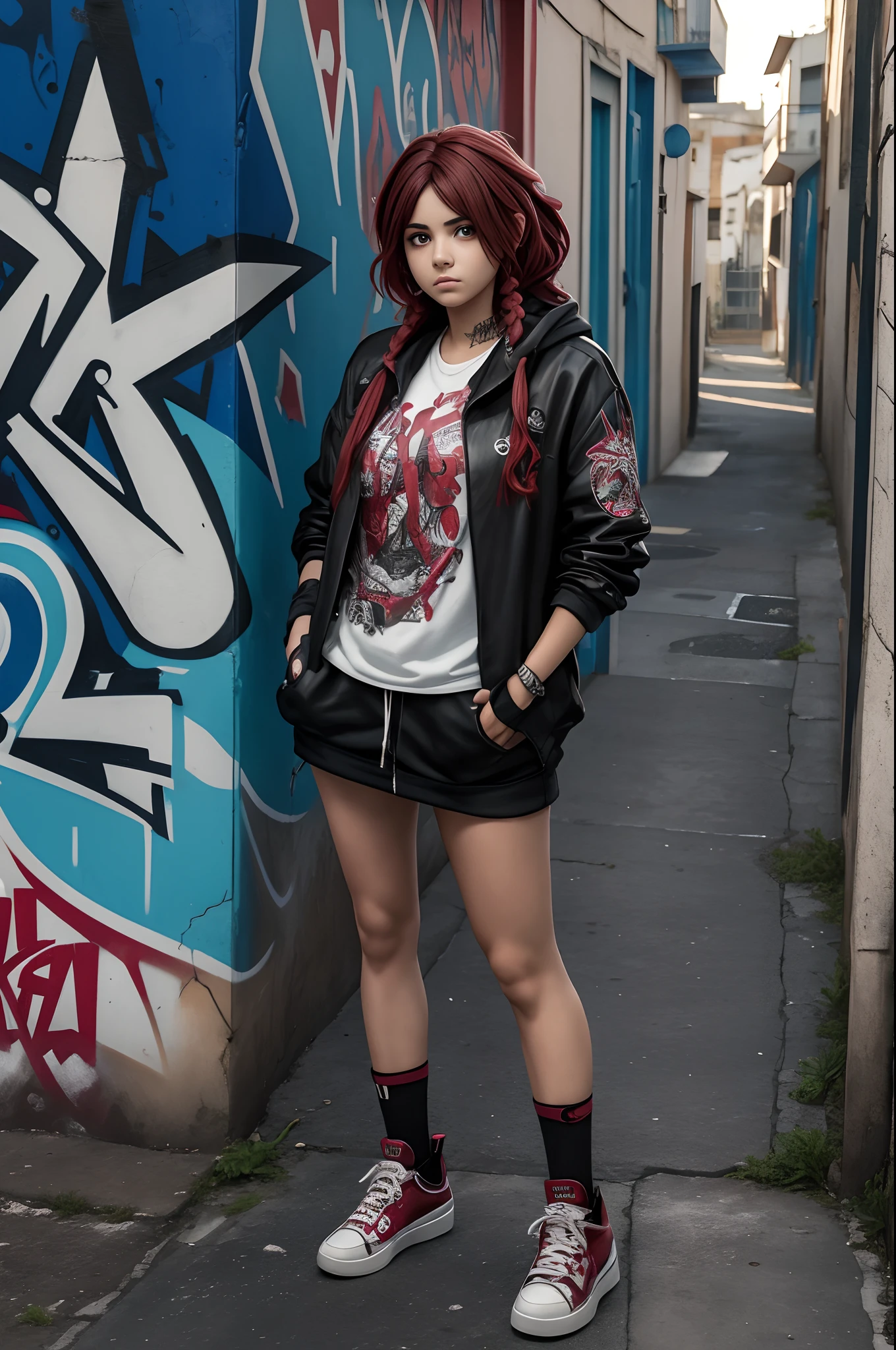 (La mejor calidad) (obra maestra ) estilo de dibujos animados. A beautiful young woman with an urban look of heavy-punk-metal-rap aesthetic, It seems to be of Spanish origin and has a lot of time, cabello rojo algo rizado. En una calle en un suburbio de una gran ciudad, There is a beat-up car behind to the woman's right and a wall with strange graffiti on her left.... Photoshop-fantasy