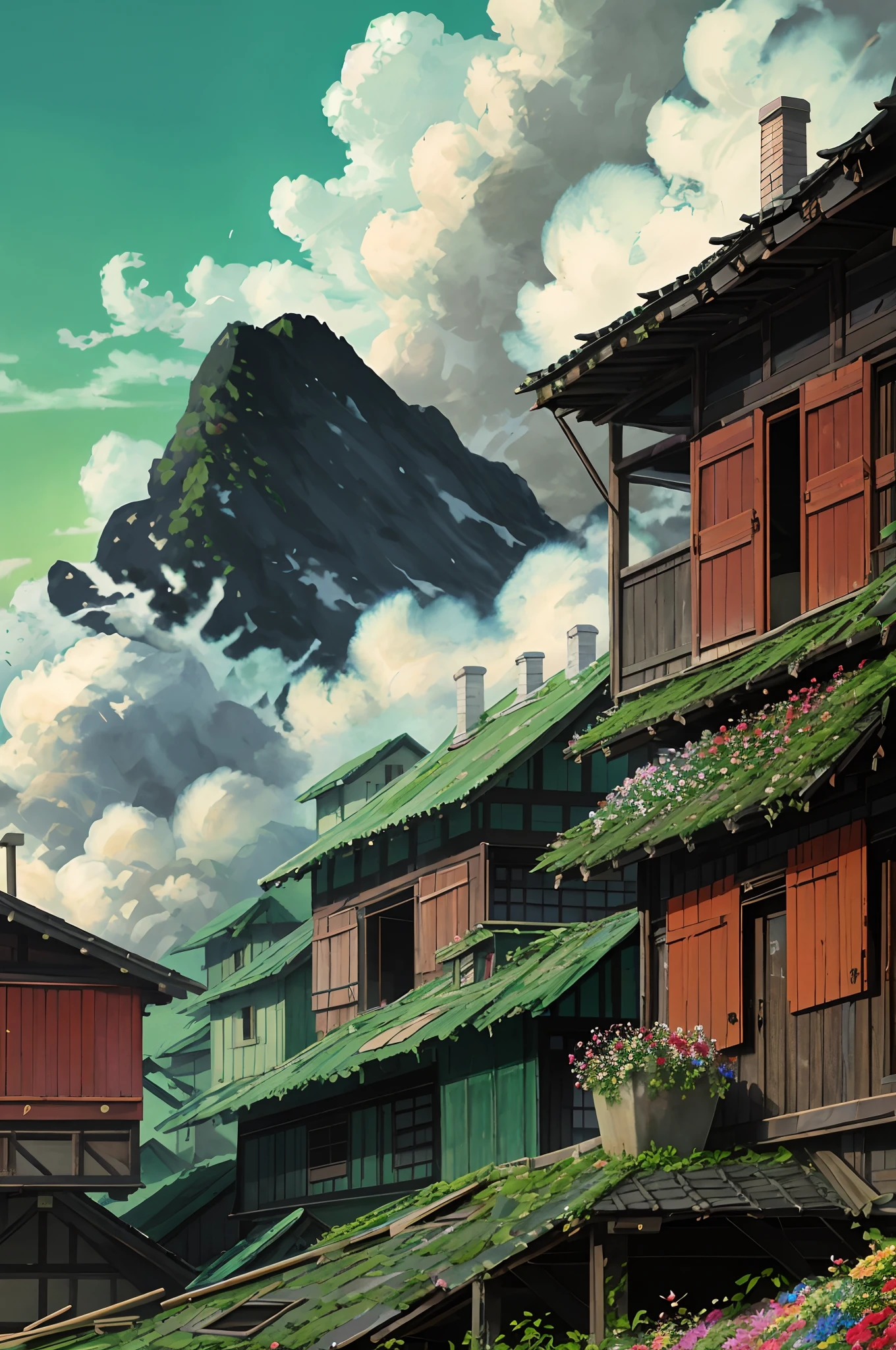 After the typhoon,Flowers still bloom on the dilapidated wooden house,The people stopped and watched