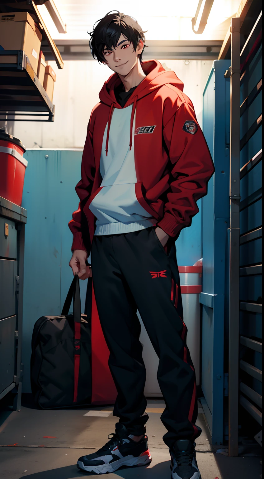 Solo, male, black hair, red eyes, wear blue hoodie, wear black pants, look at camera, smile, standing in garage, garage background, daytime,