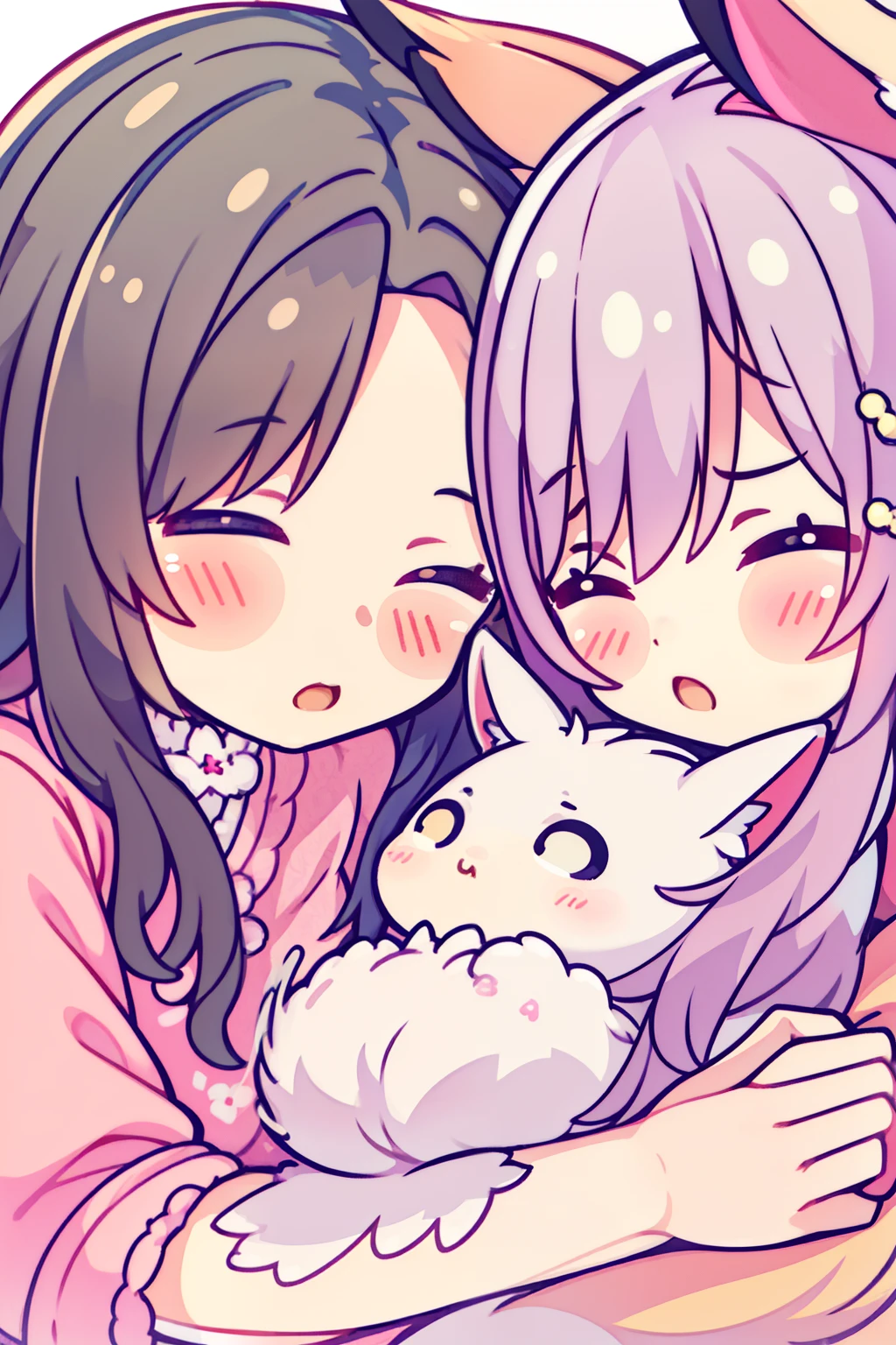 2girls,girl1:bbw、adolable,Black hair,Bob-cut hair,rcasual、Kisses and hugs、stare、lying on the bed、foxes、(French kiss)、body covered with fur,Nanachi、Girl 2:adolable,A pink-haired,Long grey hair,rcasual。Kisses and hugs、stare、NOWAI、foxes、lying on the bed、(French kiss)、body covered with fur,Nanachi
