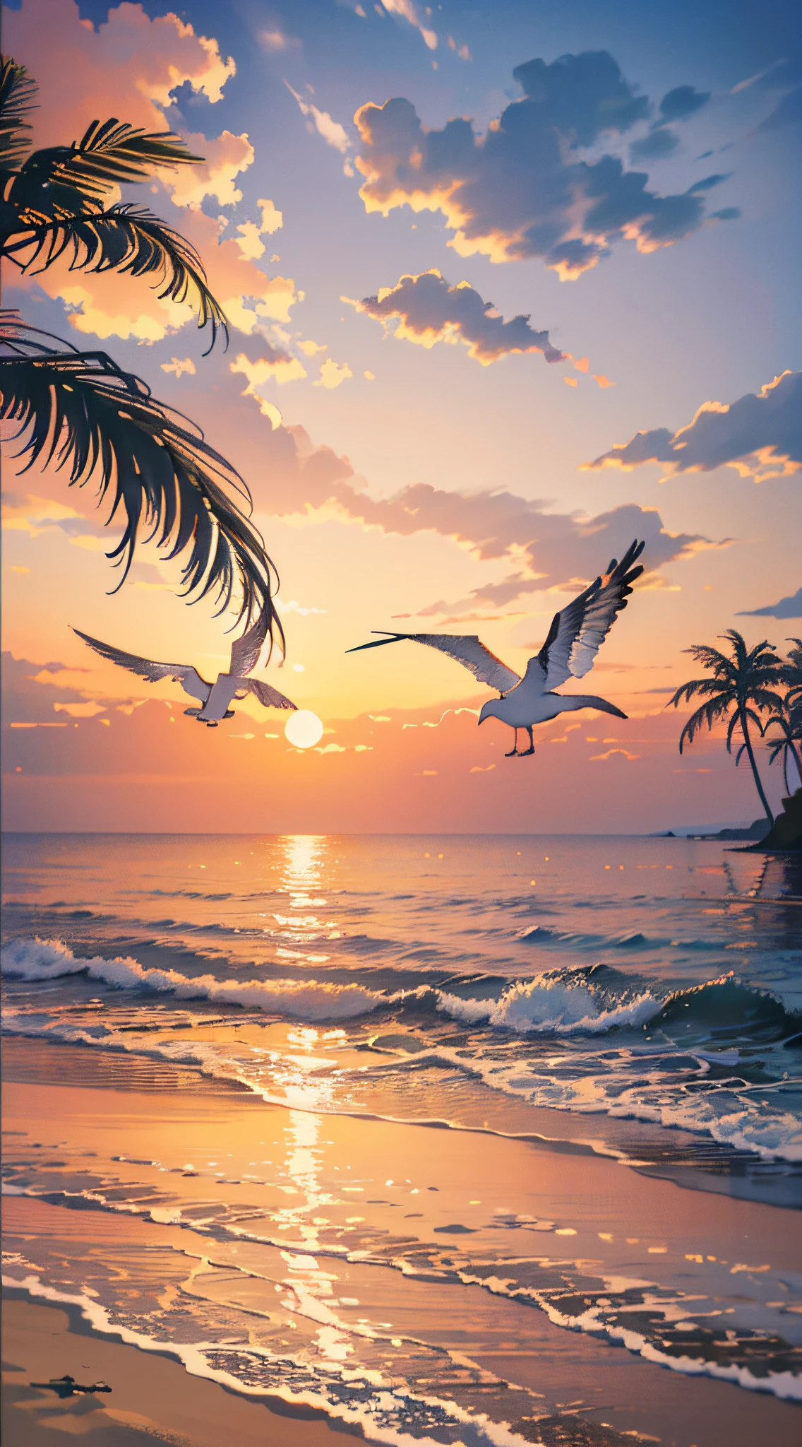 "((((masterpiece)))), top-quality, ultra-detailliert, 8k beach sunset, Beautiful sight, Orange sky, Shades of pink and yellow, Crystal clear sea, White sandy beach, vibrant scene, Breathtaking beauty, Seagulls soaring high, Gently swaying palm trees, Calm atmosphere and tranquility"