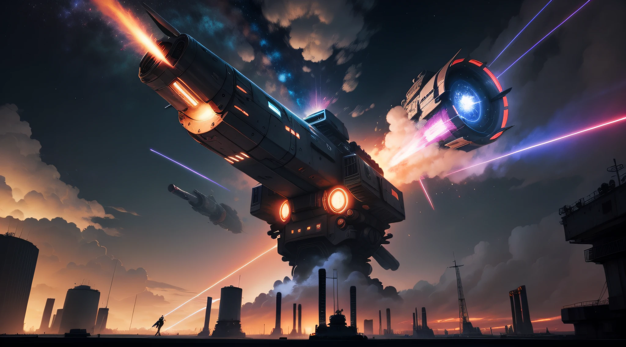 in a panoramic view,Look up,Giant stars with huge energy cannons pointing weapons vertically upwards in the sky,The muzzle is charging,It emits a reddish-blue dazzling glow,Portrait perspective,Big perspective,There are various charging instruments on the weapon,Metal housing,Full of technology,Lots of detail for lines and control panels,Overall color sci-fi。