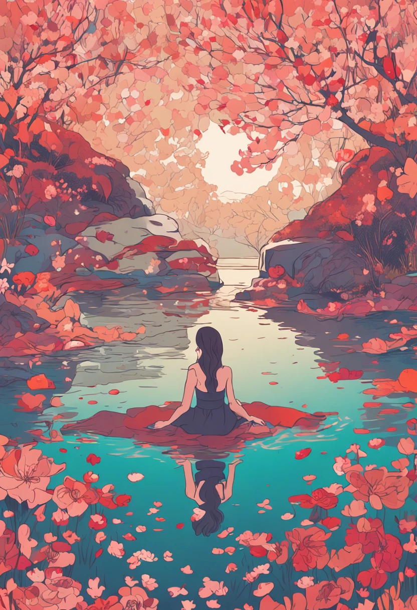 Kinematic image, Romantique, Prise de vue au niveau des yeux, woman lying in water with cherry blossoms around her face, Souriante, palette de couleurs chaudes --ar 16:9