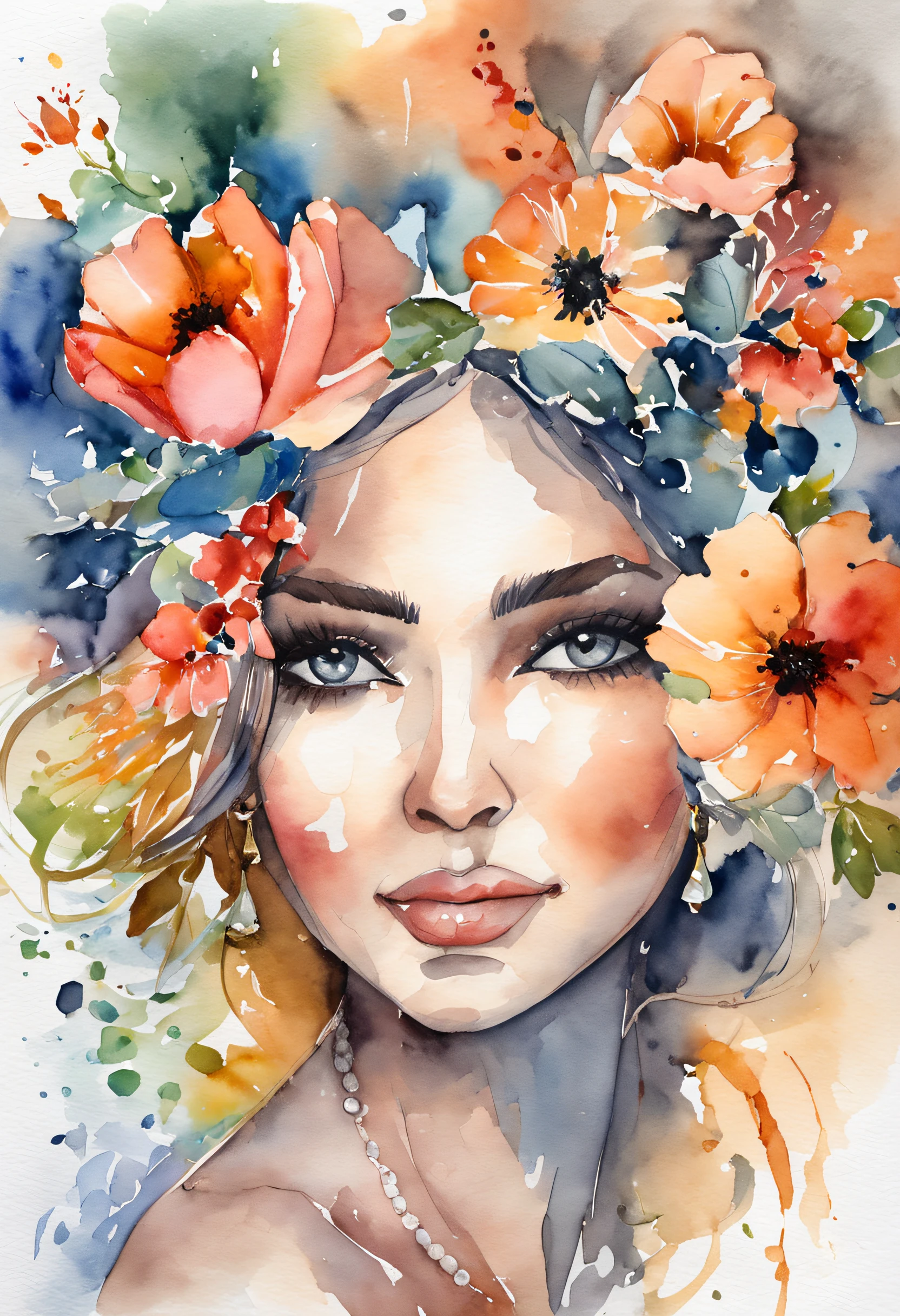 Create an image of a woman in a floral setting. The woman should be splendid with black hair, grain skin ultr detailed and seating with one of her hand in her hair. The colors should be like watercolor to evoke a happiness. The style should be realistic