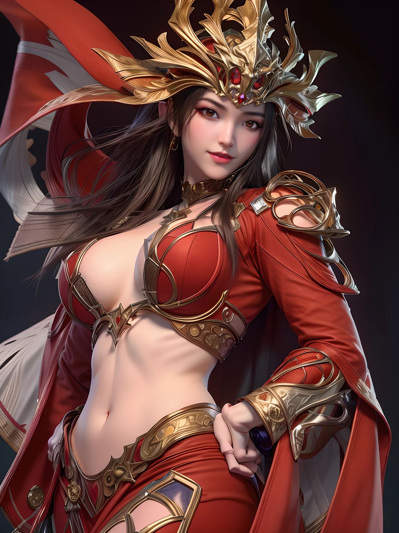 Close-up of a woman wearing a golden crown in red, Fantasy Woman, IG model | Art germ, a beautiful fantasy empress, 3 D rendering character art 8 K, chengwei pan on artstation, 2. 5 D CGI anime fantasy artwork, Extremely detailed Artgerm, karol bak uhd, ruan jia and artgerm