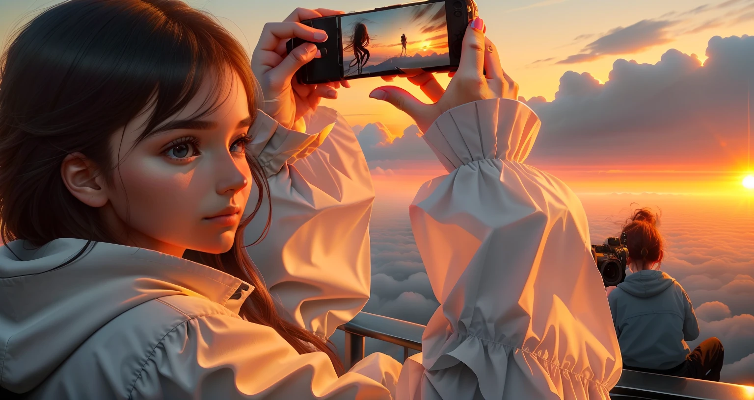 Side face photo of girl，Girl taking pictures，beuaty girl，Delicate facial contouring，The photo is a sunrise over a sea of clouds, Sea of clouds background，during sunrise, photographed, photo from a spectator, behind the scenes photo, late sunset, 8k selfie photograph, smartphone footage, close up photograph, accidentally taking a selfie, Photos taken from a sea of clouds, Ultra-high quality photos, very accurate photo，Hand details，delete extra hand，Facial detail restoration，Reshape your hands