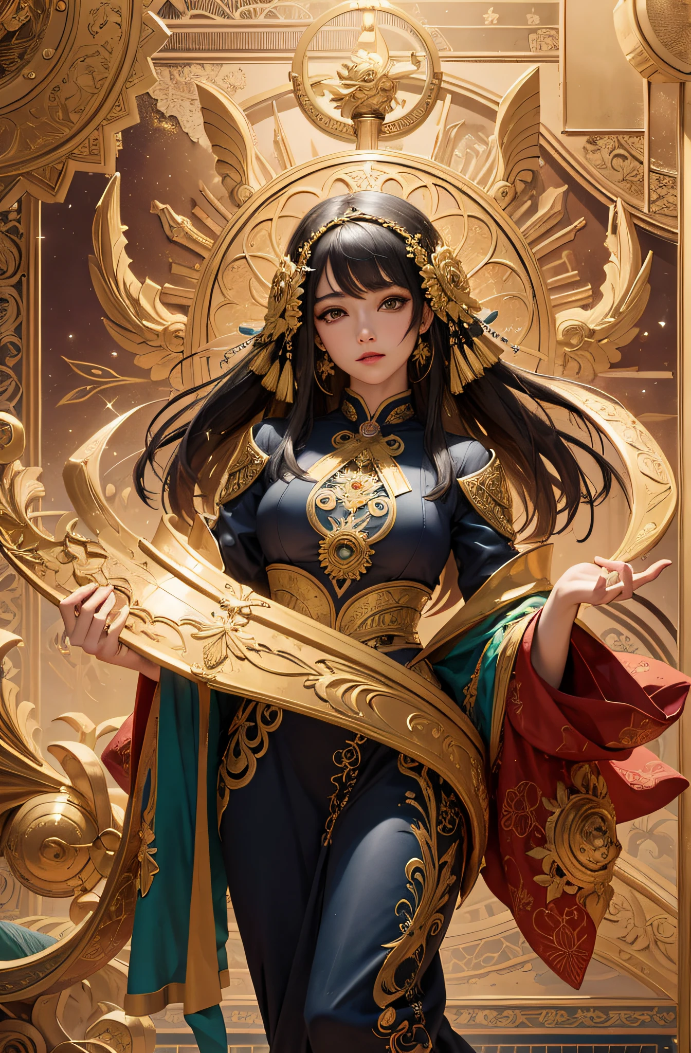 (masterpiece, top quality, best quality, official art, beautiful and aesthetic:1.2), (1girl), extreme detailed,colorful,highest detailed, official art, unity 8k wallpaper, ultra detailed, beautiful and aesthetic, beautiful, masterpiece, best quality, (zentangle, mandala, tangle, entangle) ,holy light,gold foil,gold leaf art,glitter drawing, PerfectNwsjMajic