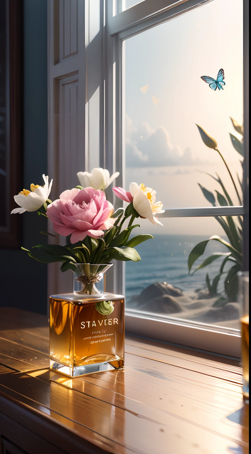 Seaside window view，Ocean-like perfume interior，Translucent melts，Transparent glass material，Clean and transparent，ultra-realistic realism，luxury goods，Noble，femminine，designer touch，Contour light，Medium view，Butterflies，An environment where flower petals float in the air，Light gold and light pink interior background rose or snowdrop or peony flower，senior color matching，Studio lighting，hyper-high detail，。.3D，oc rendered，HD，8K， --v 6
