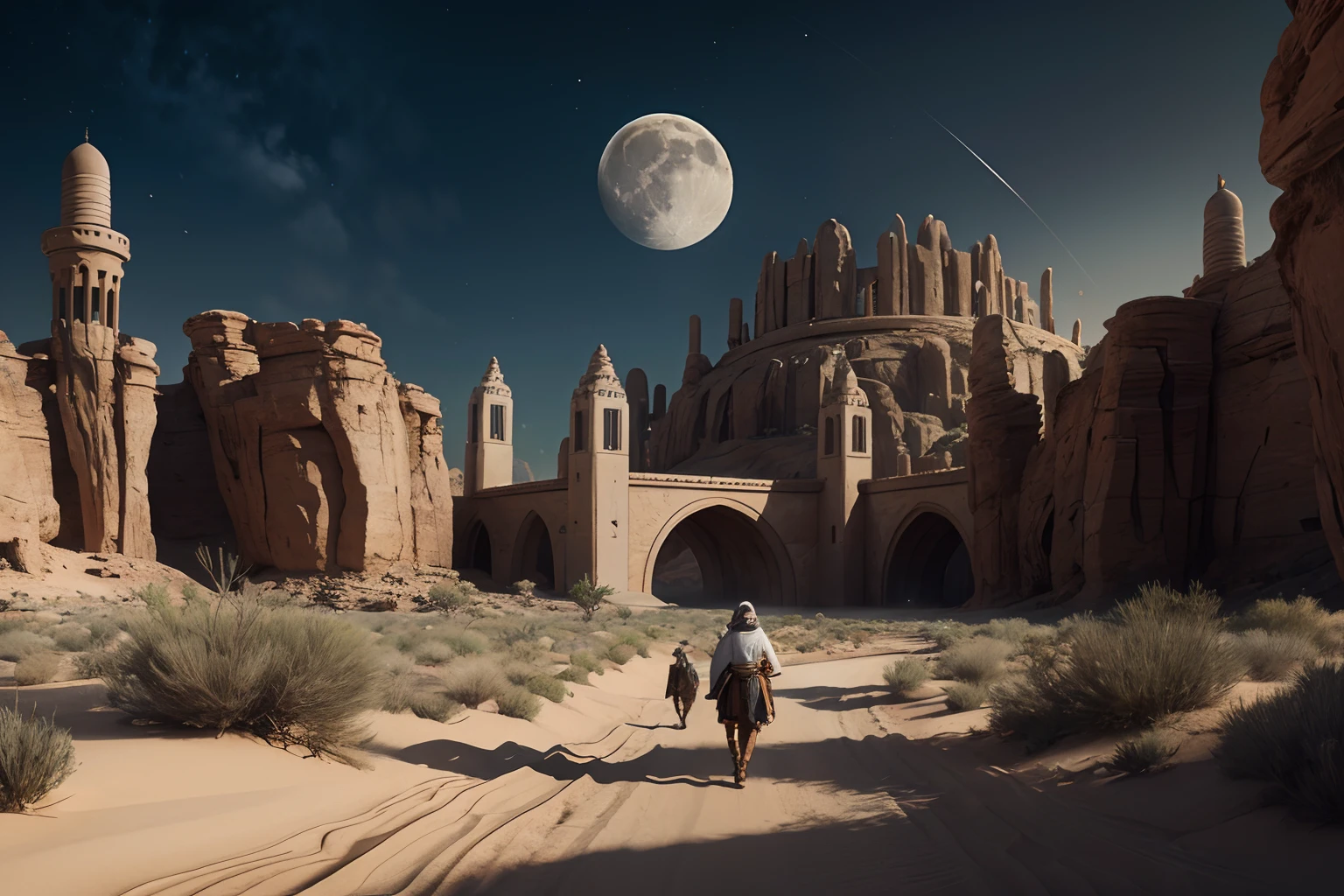 Fantastic desert oasis ,1 moon,reasonable design, Best quality, Very detailed, Masterpiece, movie light effect, 8K,epic fantasy digital art,high definition resolution,Detailed detail drawing, --auto