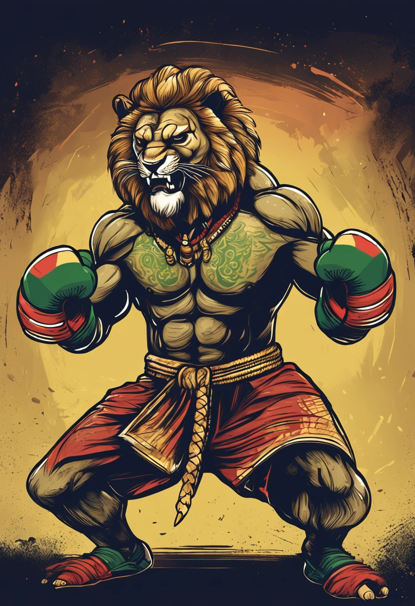 "lion muay thai fighter hand-drawn, removing a wooden spear from his back, in a gloomy setting with green lights, corpo completo, action scene, lion warrior"