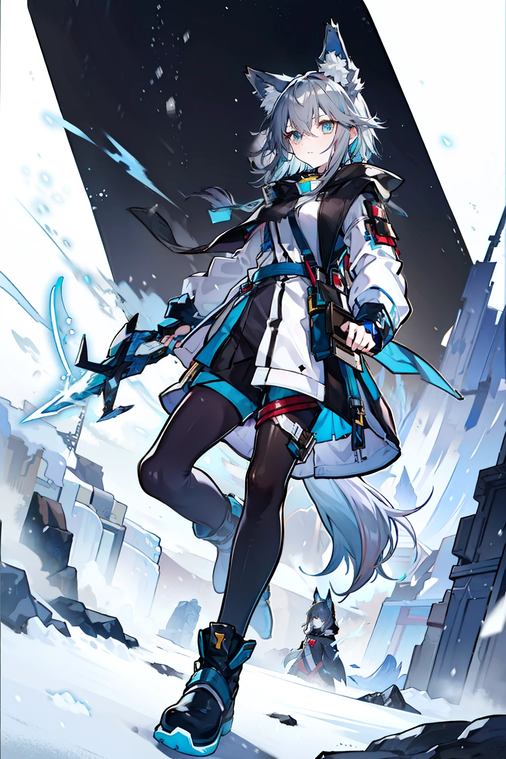 (masterpiece), best quality, expressive eyes, perfect face, 1girl, solo, (light shade hair, fox tail, blue grey hair, fox girl, young girl, young woman, fox ears, light blue grey hair, pale light blue gray hair, pale blue hair, bluish cyan hair), azure eyes, yellow undertones, yellow highlights, (leather robe, brown cape, dark hood), young gal, poor, ragged clothes, scratched clothing, poor clothing, not rich, basic clothing, short bangs, big eyes, dark brown robe, brown pants, fox tail, scared, young face, eyebags, black pants, arknights design, arknights character, arknights style, dynamic pose, snow, light outfit, boots, snowy area, pale blue outfit, lebron james, pogi, kjerag, forest, broadswords, sabre, claymore, short hair, one fox tail, arknights style, arknights design, arknights character, arknights spellcaster, kjerag, fox girlie, coat, fox, fox girl female, simple outfit, operator, snow guy, snow powers, light blue hair, light gray hair, long hair, sidelocks