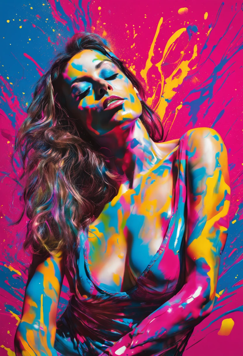 Acrylic paint pouring abstract painting, hyperrealistic graphic pen full body portrait of a beautiful glamour woman blends out of the acrylic paint, her arms and legs are spread as to make an x with her body, in the style of Andy Warhol, reflective, intense neon light