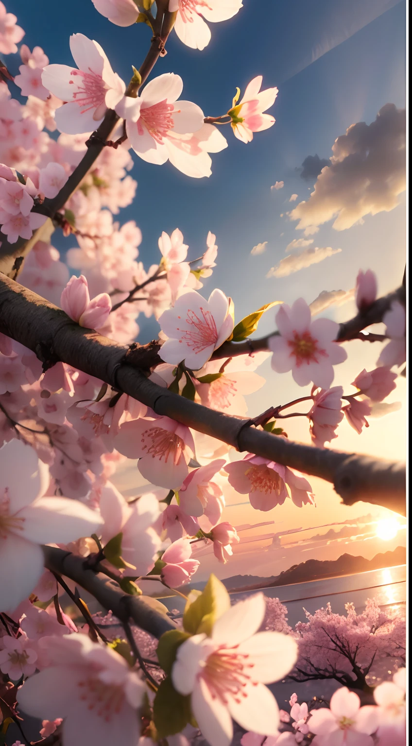 Creates a high-resolution image of a cherry blossom on a beautiful sunset afternoon, close up, ultra detailed, 8K, Sunshine Lights