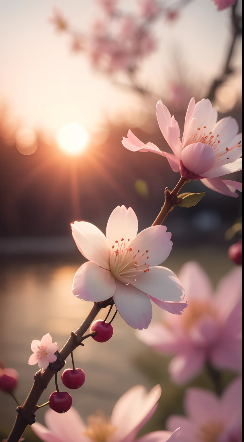 Creates a high-resolution image of a cherry blossom on a beautiful sunset afternoon, close up, ultra detailed, 8K, Sunshine Lights