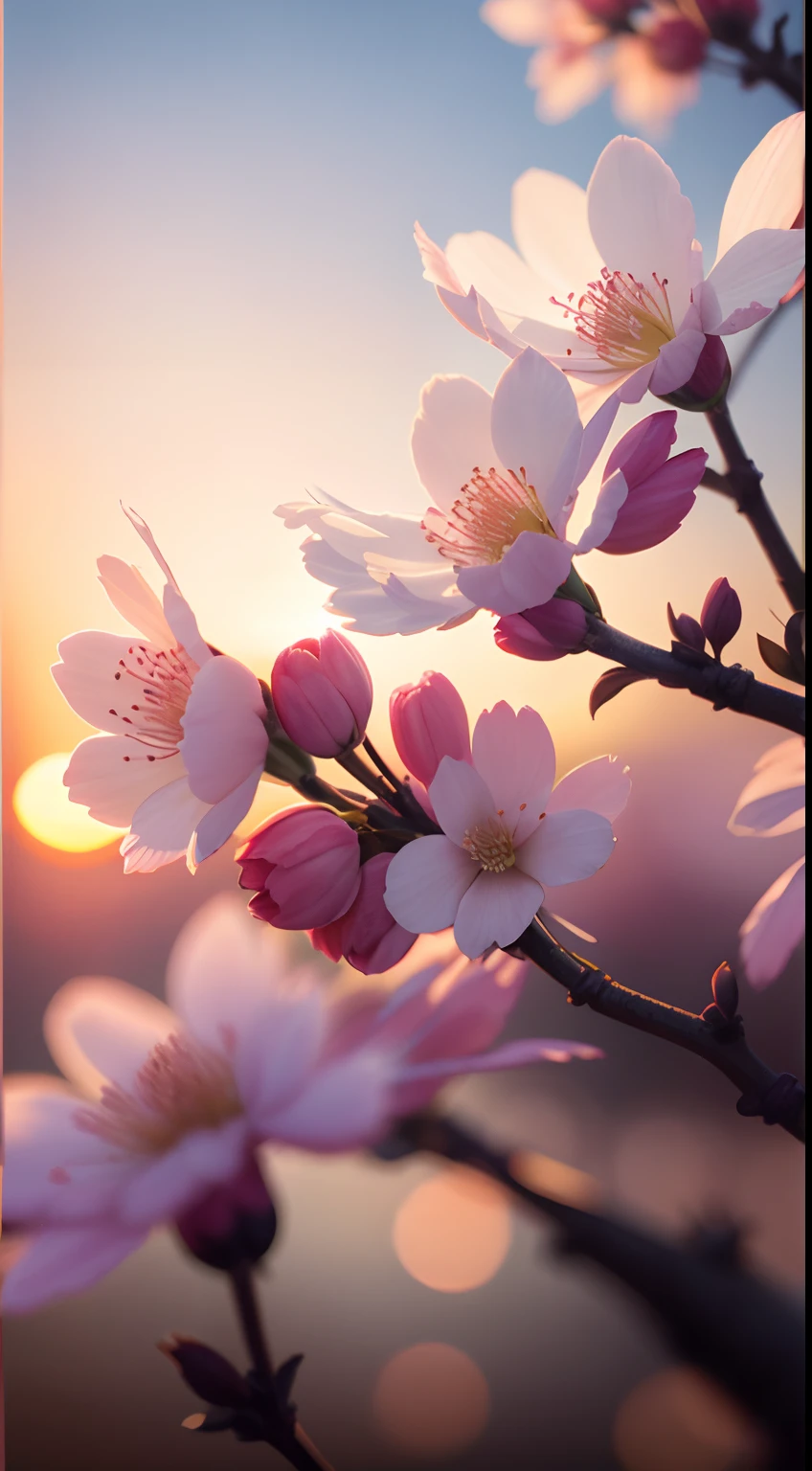 Creates a high-resolution image of a cherry blossom on a beautiful sunset afternoon, close up, ultra detailed, 8K, Sunshine Lights