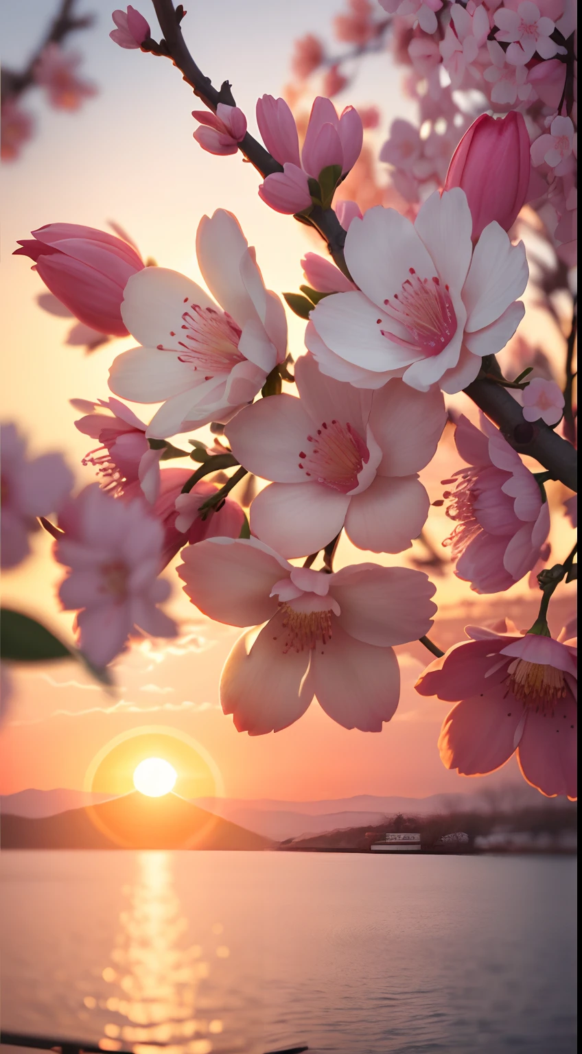 Creates a high-resolution image of a cherry blossom on a beautiful sunset afternoon, close up, ultra detailed, 8K, Sunshine Lights