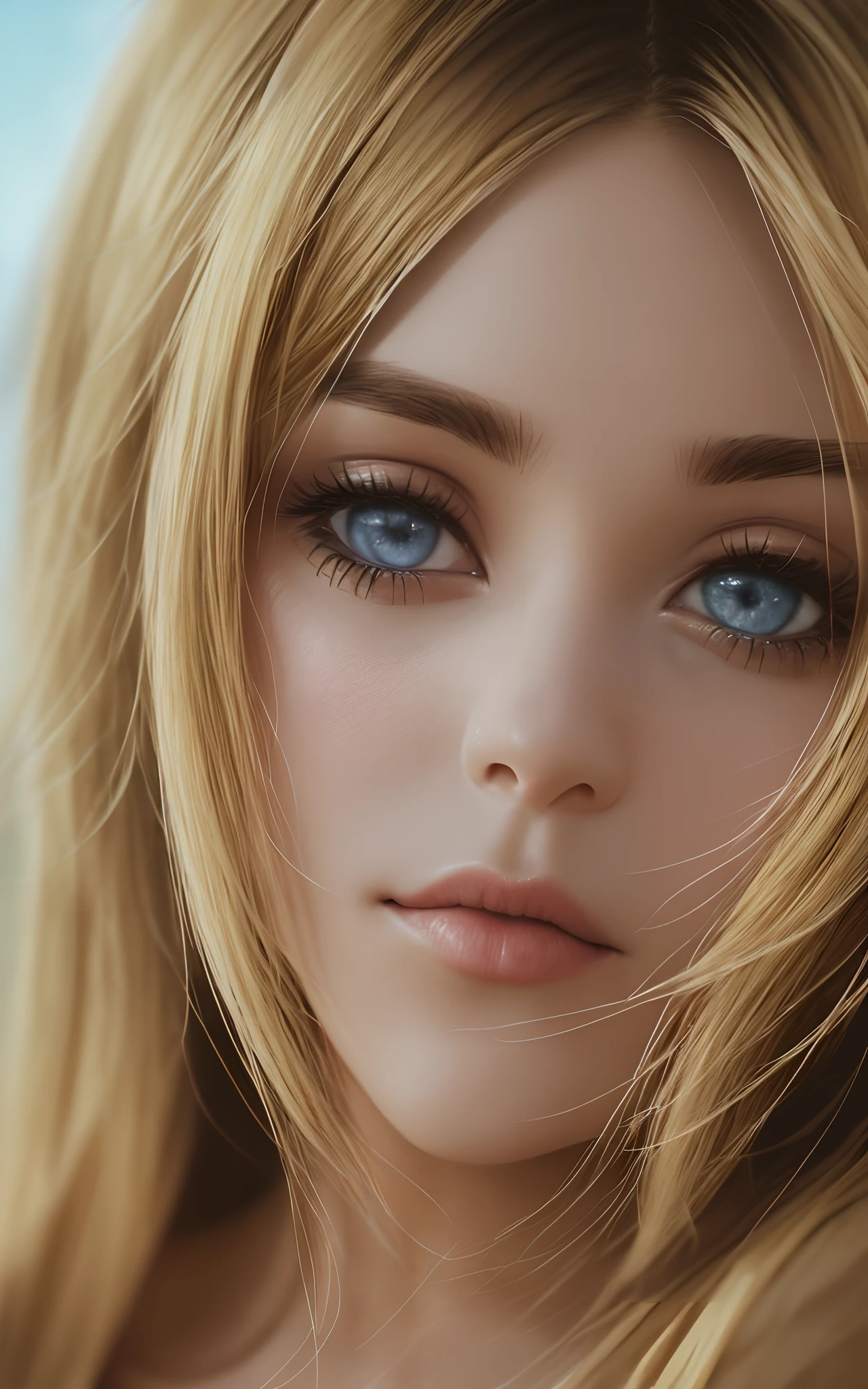 face shot of bliss2, (serious look), (blonde medium length hair), (hand on chin), Photorealistic, Hyperrealistic, Hyperdetailed, analog style, hip cocked, demure, detailed skin, matte skin, soft lighting, subsurface scattering, realistic, heavy shadow, masterpiece, best quality, ultra realistic, 8k, golden ratio, Intricate, High Detail, film photography, soft focus --auto --s2